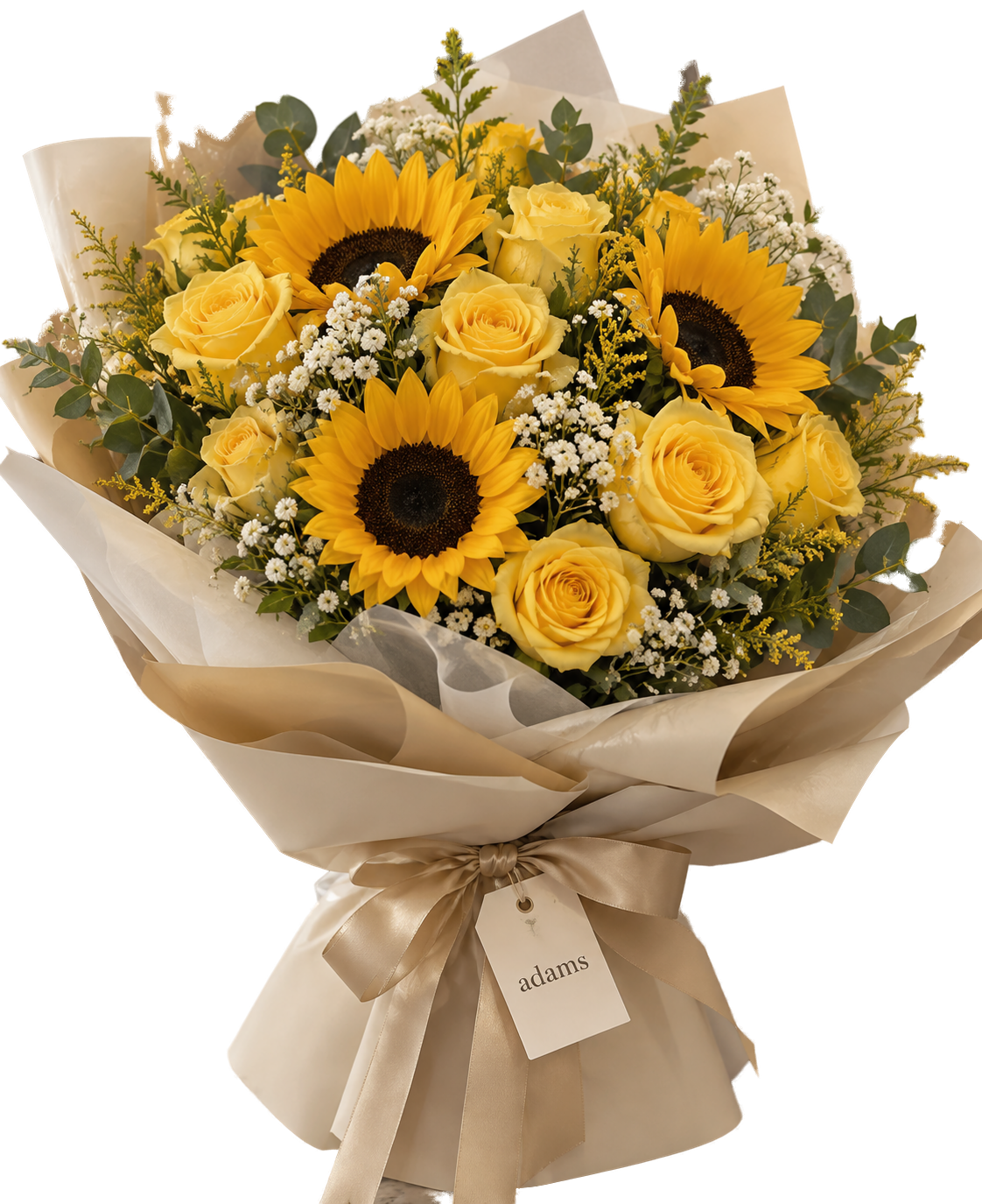 Ramo real de girasoles, rosas amarillas y flores blancas con tarjeta adams
